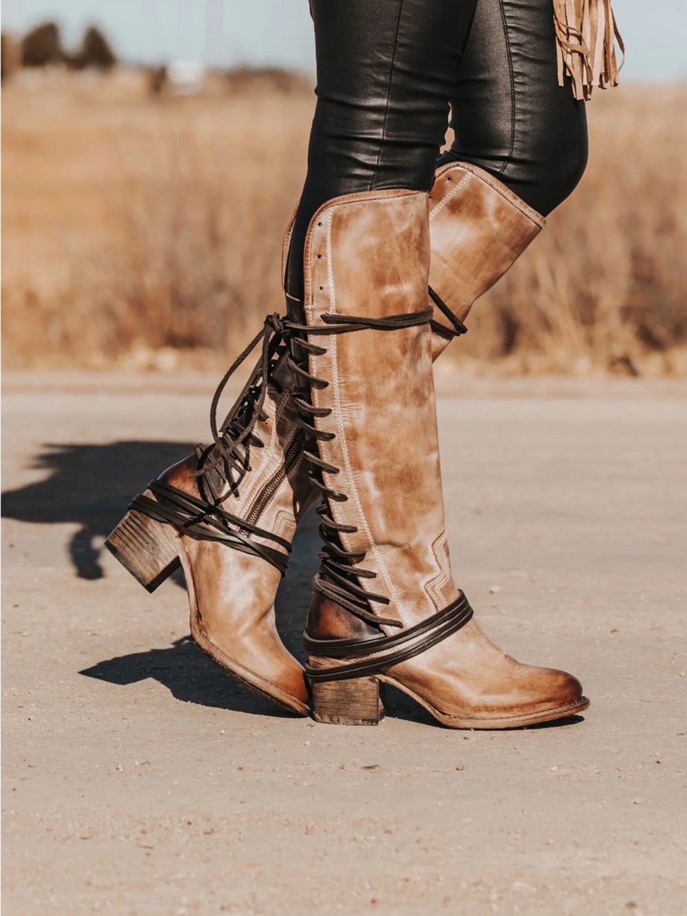 freebird Distressed Tan Coal Lace-Up Knee Boots Size 9